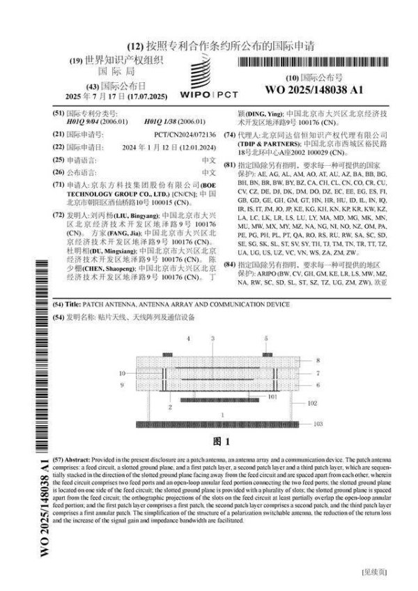 线上配资之家 京东方Ａ公布国际专利申请：“贴片天线、天线阵列及通信设备”